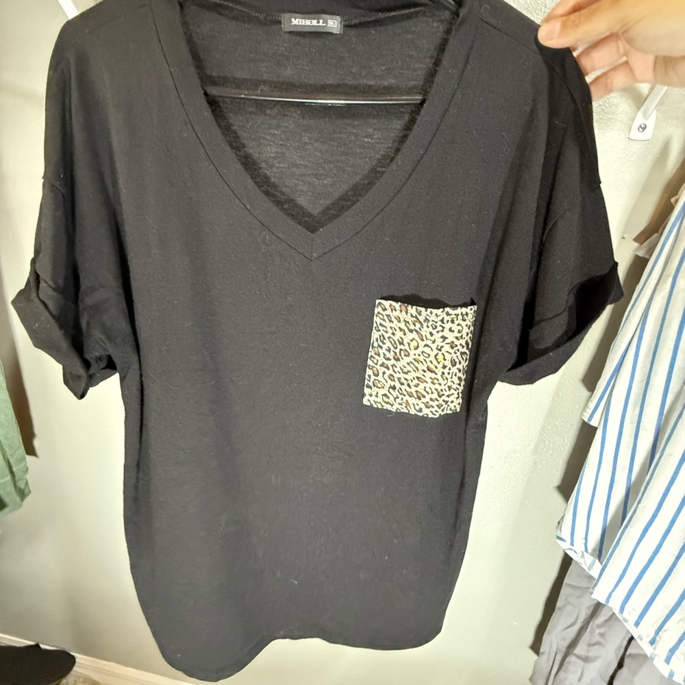 MIHOLL Black V Neck Top Leopard Pocket XL Oversized Casual Tee